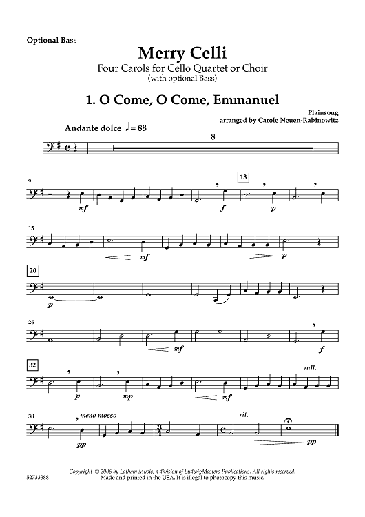 Merry Celli - Four Carols for Cello Quartet or Choir (with optional Bass) - Optional Bass