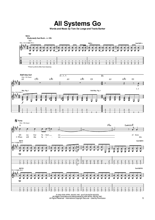 All Systems Go" Sheet Music by Box Car Racer for Guitar Tab Sheet