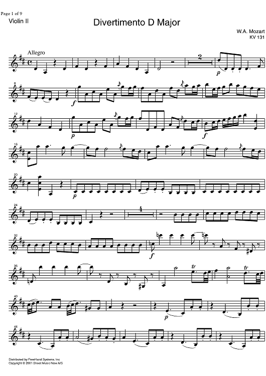 Divertimento No. 2 D Major KV131 - Violin 2
