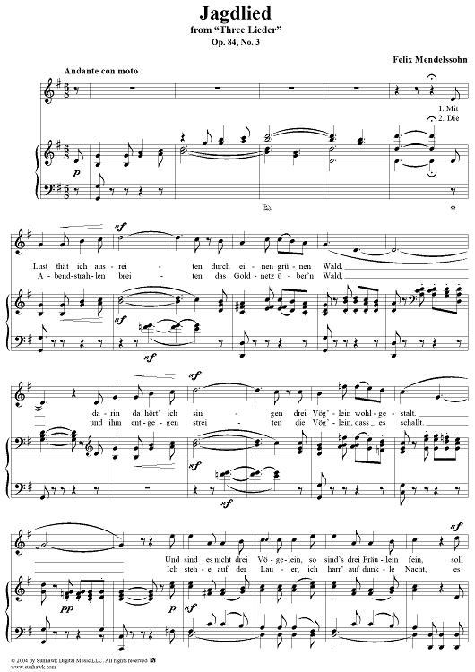 Three Lieder, Op. 84, No. 3: "A Hunter's Song" (Jagdlied)