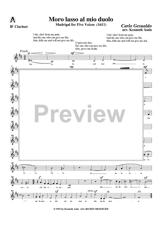 Moro lasso al mio duolo - Clarinet in B-flat