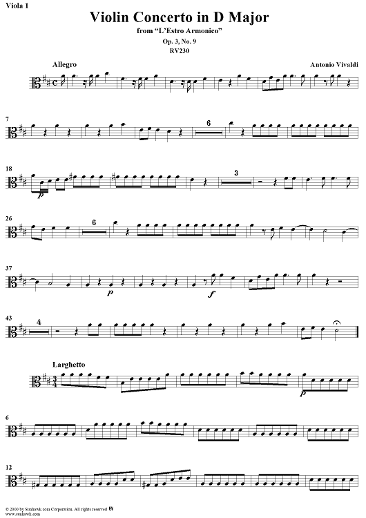 Violin Concerto in D Major    - from "L'Estro Armonico" - Op. 3/9  (RV230) - Viola 1