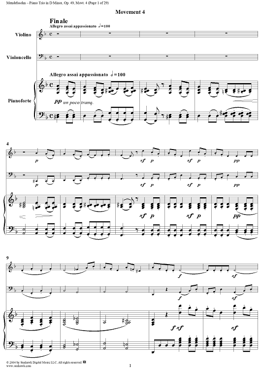 Piano Trio in D minor, Op. 49, Movt. 4 - Score