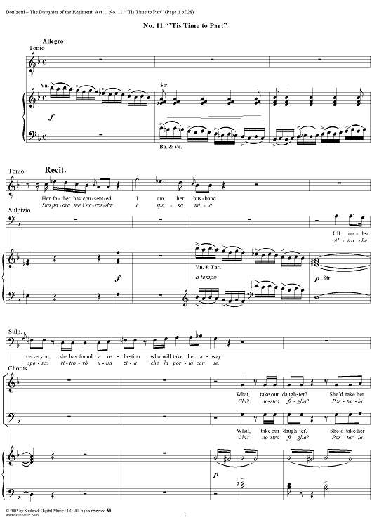 The Daughter of the Regiment, Act 1, No. 11: "'Tis time to part" - Score