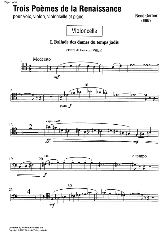 Trois Poèmes de la Renaissance - Cello