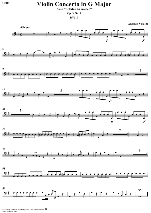 Violin Concerto in G Major    - from "L'Estro Armonico" - Op. 3/3  (RV310) - Cello