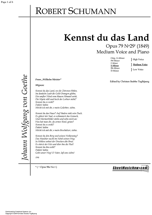 Mignon: Kennst Du das Land wo die Zitronen blühn Op.79 No.29