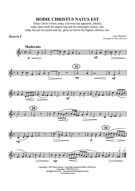 Hodie Christus Natus Est - Horn in F (plus optional part for Trombone)