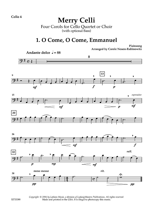 Merry Celli - Four Carols for Cello Quartet or Choir (with optional Bass) - Cello 4