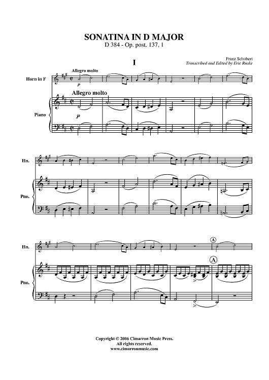 Sonatina in D Major, D 384 - Op. post. 137, 1 - Piano Score