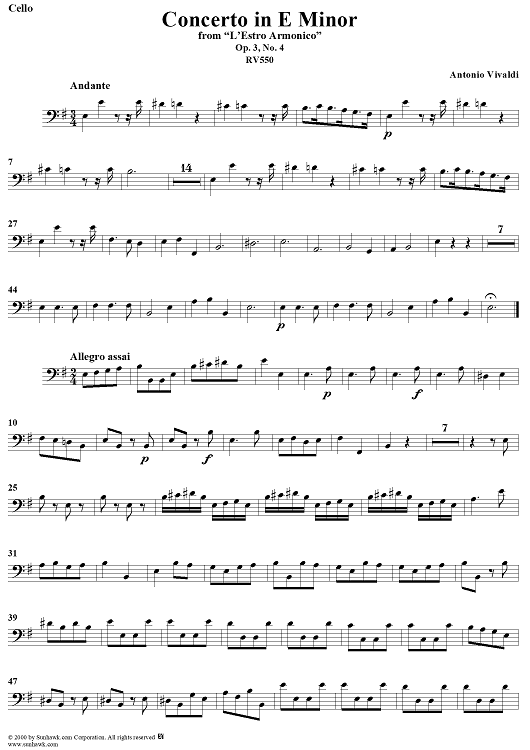 Concerto in E Minor    - from "L'Estro Armonico" - Op. 3/4  (RV550) - Cello