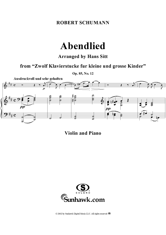 Twelve Klavierstücke für kleine und grosse Kinder, Op. 85 No. 12, "Abendlied" (Evening Song), - Piano