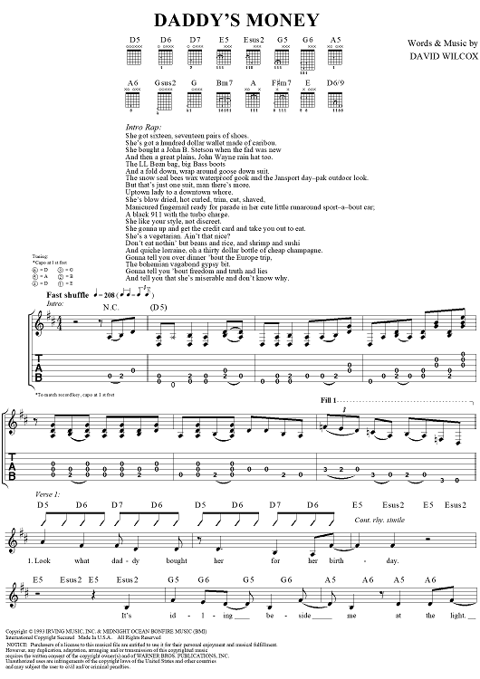 Daddy's Money" Sheet Music by David Wilcox for Guitar Tab/Vocal - Sheet