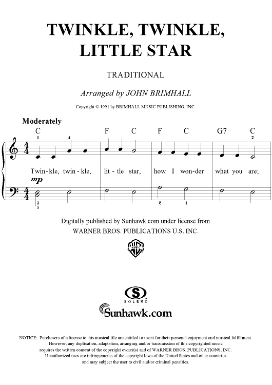 Twinkle Twinkle Little Star Sheet Music for Easy Piano