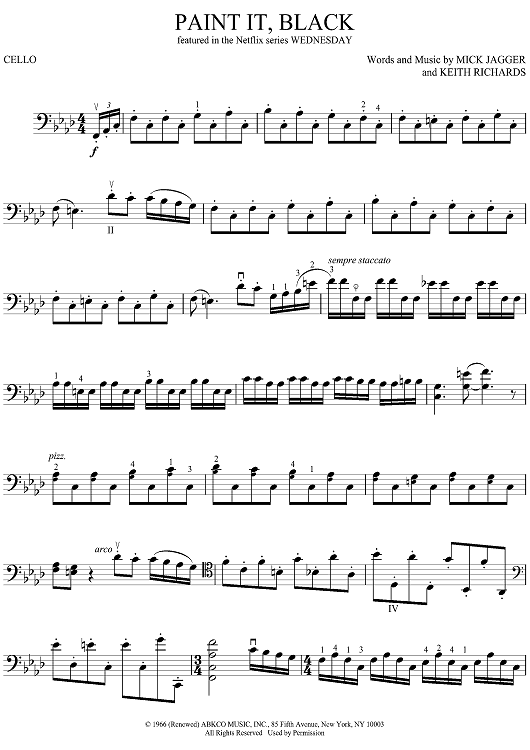 Paint It, Black - from the Netflix Series WEDNESDAY" Sheet Music for  Cello - Sheet Music Now