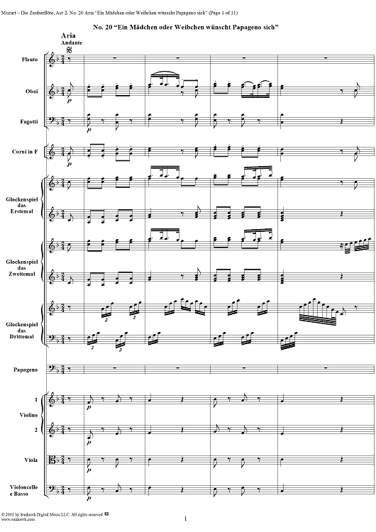 "Ein Mädchen oder Weibchen wünscht Papageno sich", No. 20 from  "Die Zauberflöte", Act 2 (K620) - Full Score
