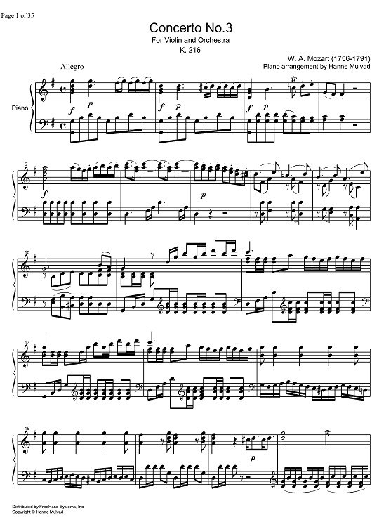 Concerto No. 3 G Major, KV216 - Piano Score