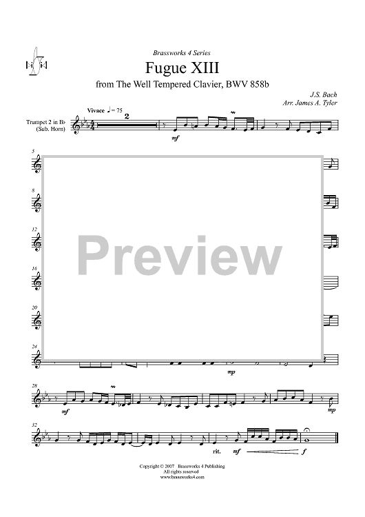 Fugue XIII from "The Well Tempered Clavier", BWV858b - Trumpet in B-flat (opt. Horn)