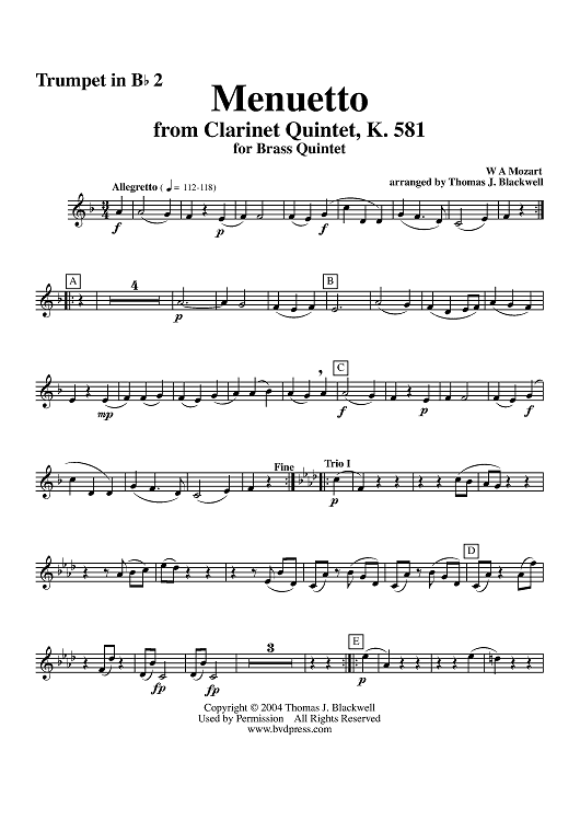 Menuetto from Clarinet Quintet, K. 581 - Trumpet 2