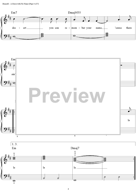 A Horse With No Name" Sheet Music by America for Easy Piano Sheet