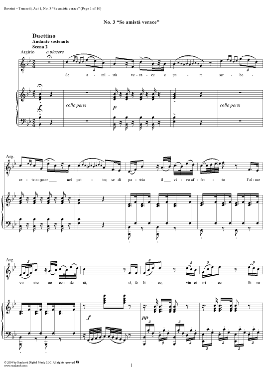 Se amistà verace: No. 3 from "Tancredi", Act 1, Scene 2 - Score