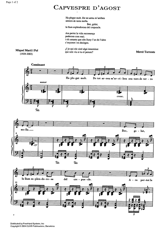 Capvespre d'agost - Score