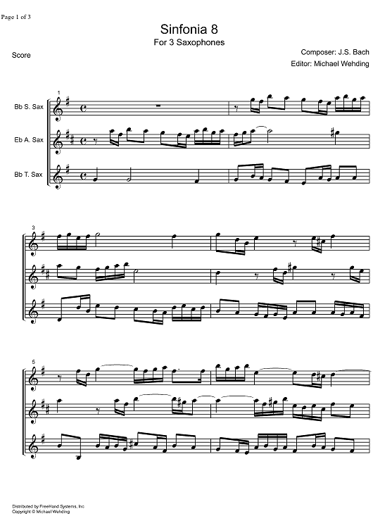 Three Part Sinfonia No. 8 BWV 794 F Major - Score