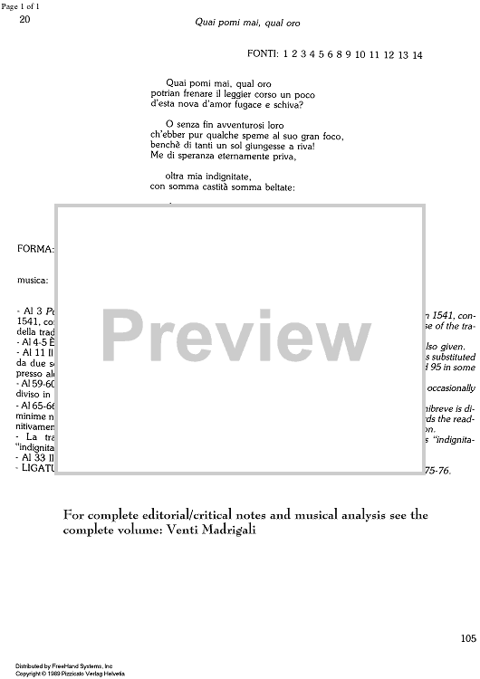 Quai pomi mai, qual oro from 20 Madrigali - Notes