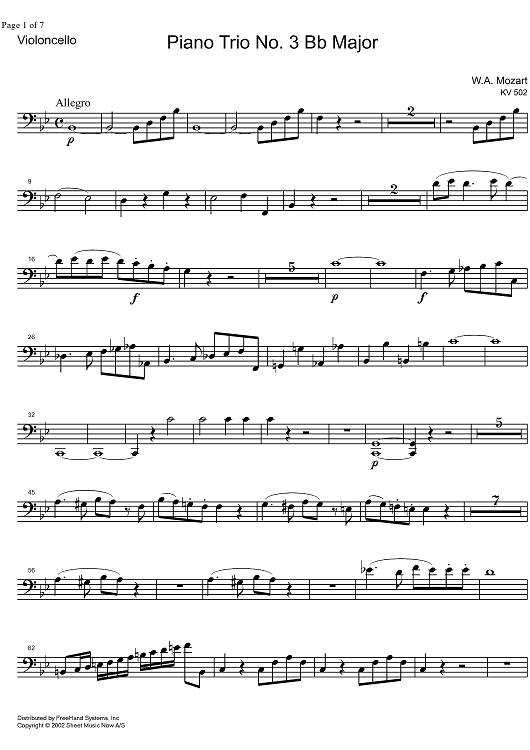 Piano Trio No. 3 Bb Major KV502 - Cello