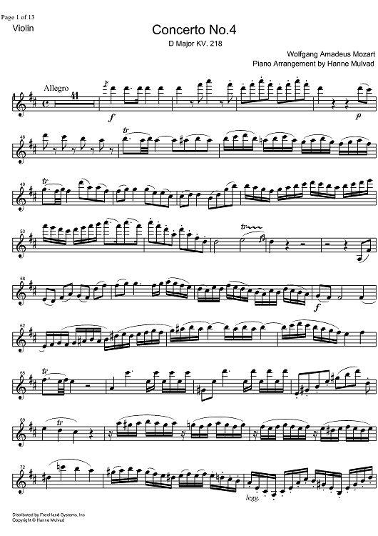 Concerto No. 4 D Major KV218 - Violin