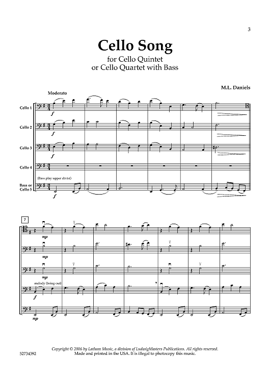 Cello Song for Cello Quintet or Cello Quartet with Bass - Score