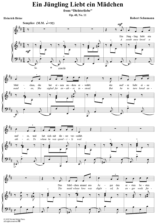 Dichterliebe (Song Cycle), Op. 48, No. 11: Ein Jüngling liebt ein Mädchen