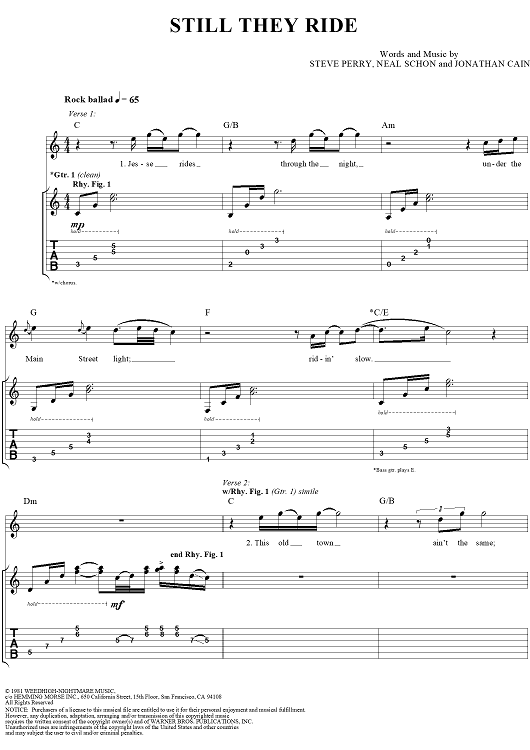 Still They Ride" Sheet Music by Journey for Guitar Tab/Vocal Sheet