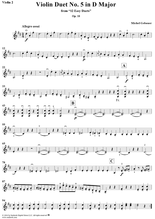 Violin Duet No. 5 in D Major from "Twelve Easy Duets", Op. 10 - Violin 2