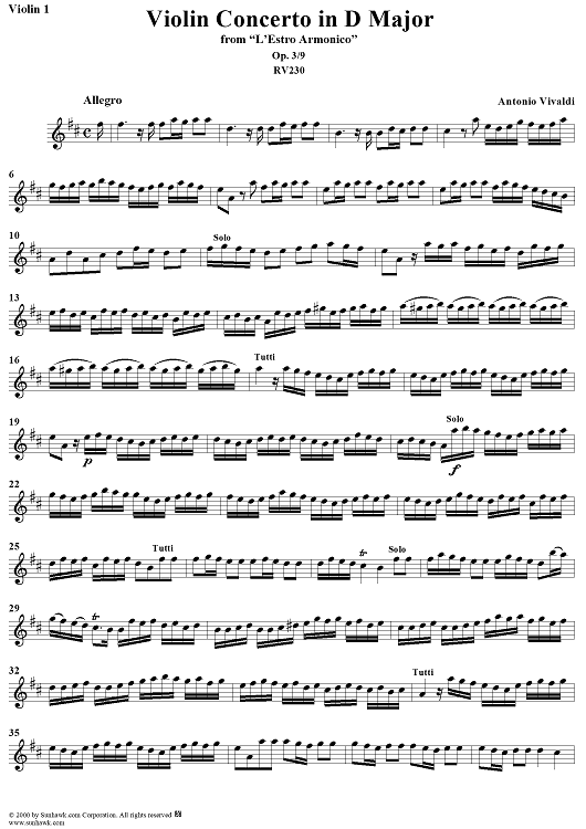 Violin Concerto in D Major    - from "L'Estro Armonico" - Op. 3/9  (RV230) - Violin 1
