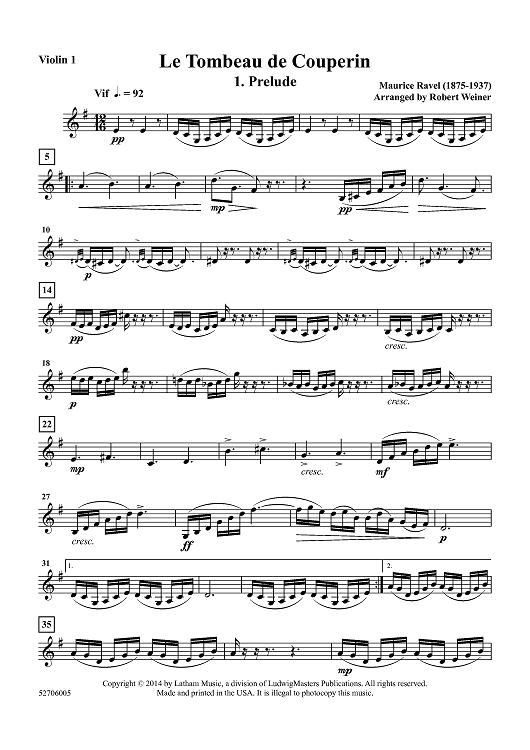 Le Tombeau de Couperin for Oboe and String Quartet - Violin 1