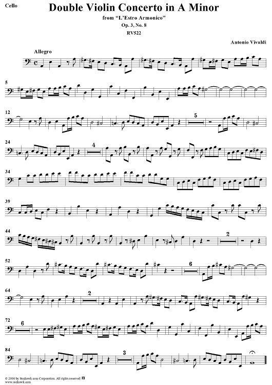 Double Violin Concerto in A Minor, from "L'Estro Armonico", Op. 3, No. 8 (RV522) - Cello