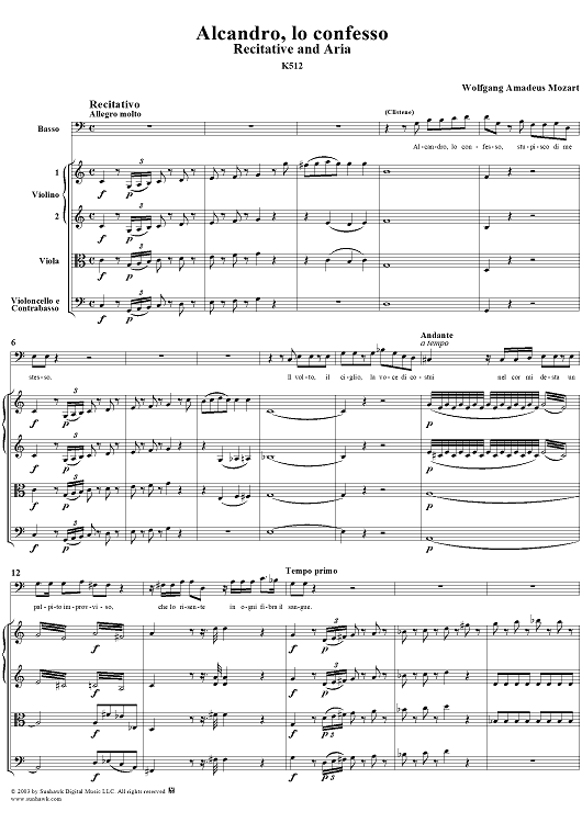 "Alcandro, lo confesso", recitative and "Non so, d'onde viene", aria, K512 - Full Score