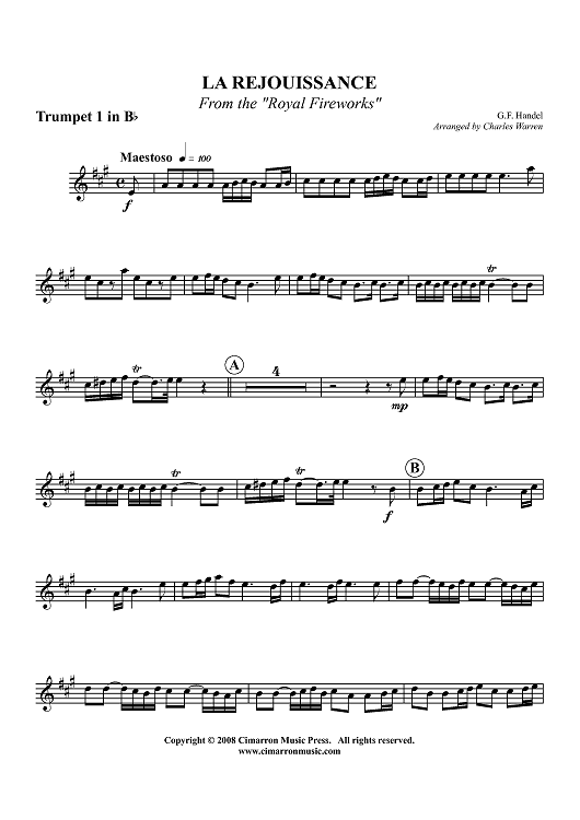 La Rejouissance - from the "Royal Fireworks" - Trumpet 1 in Bb