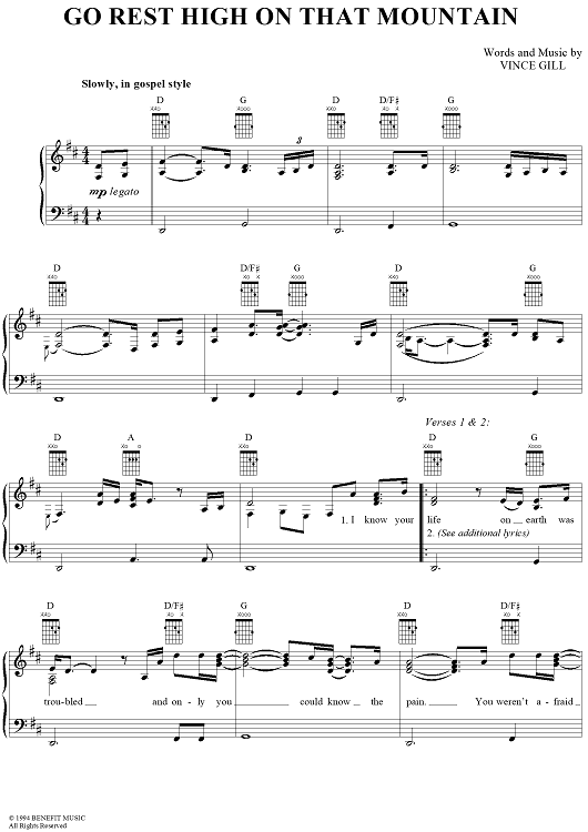 Go Rest High On That Mountain" Sheet Music by Vince Gill for Piano