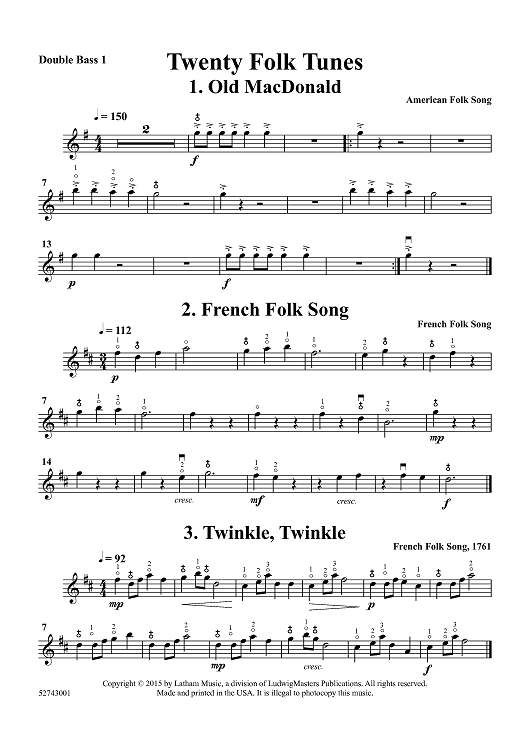 Twenty Folk Tunes for Bass Quartet (or Trio) - Double Bass 1