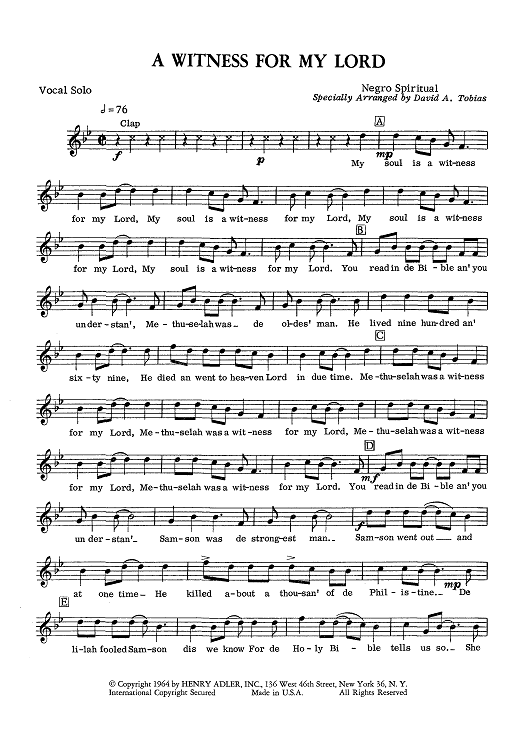 A Witness For My Lord - Vocal Solo
