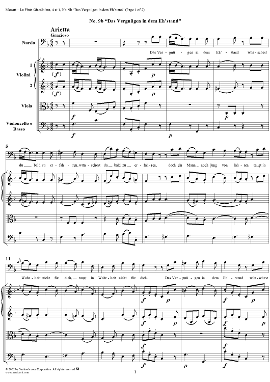 La Finta Giardiniera, Act 1, No. 9b "Das Vergnügen in dem Eh'stand" (Arietta) - Full Score