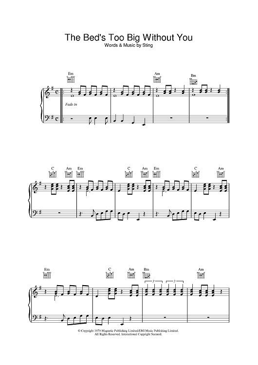 The Bed's Too Big Without You" Sheet Music by The Police for Piano