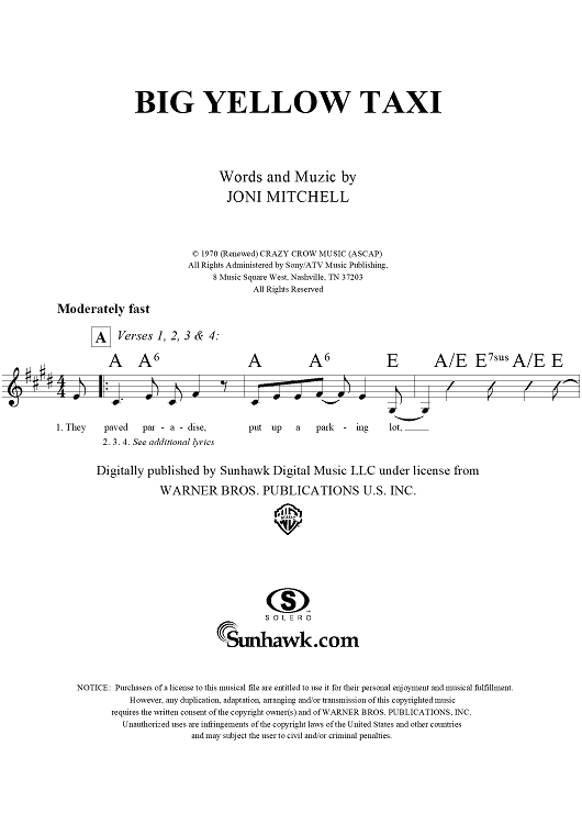 Big Yellow Taxi" Sheet Music by Joni Mitchell for Lead Sheet Sheet Music Now