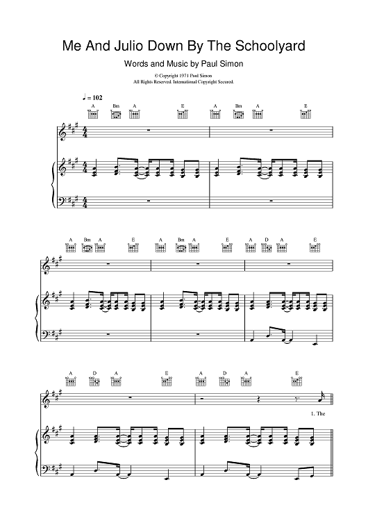 Me And Julio Down By The Schoolyard" Sheet Music by Paul Simon for