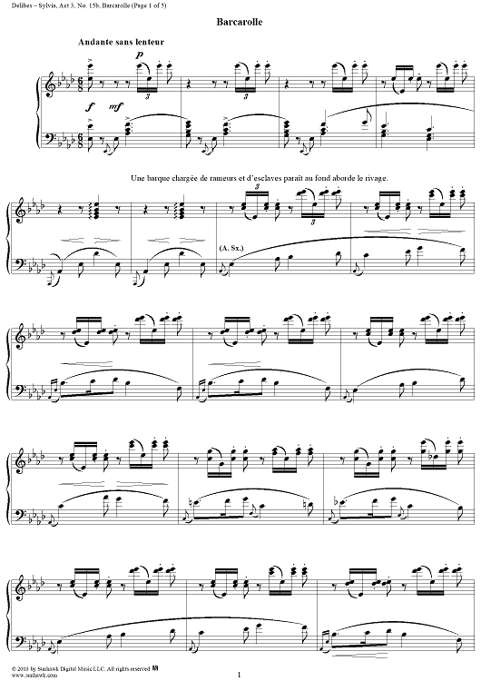 Sylvia, Act 3, No. 15b: Barcarolle - Piano Score