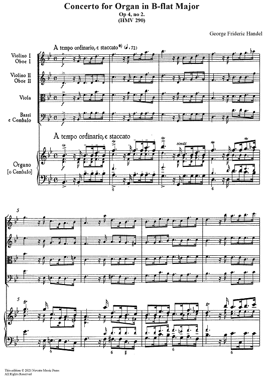 Concerto for Organ in Bb Major, Op 4, No. 2 (HMV 290) - Score