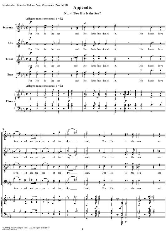 Come, Let Us Sing (Psalm 95), Op. 46: No. 4, For His Is the Sea (Solo and Chorus)