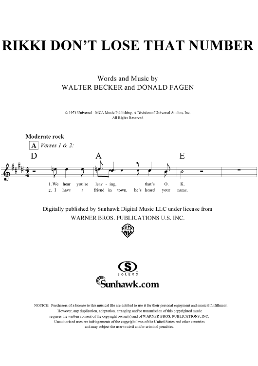 Rikki Don't Lose That Number" Sheet Music by Steely Dan for Lead Sheet